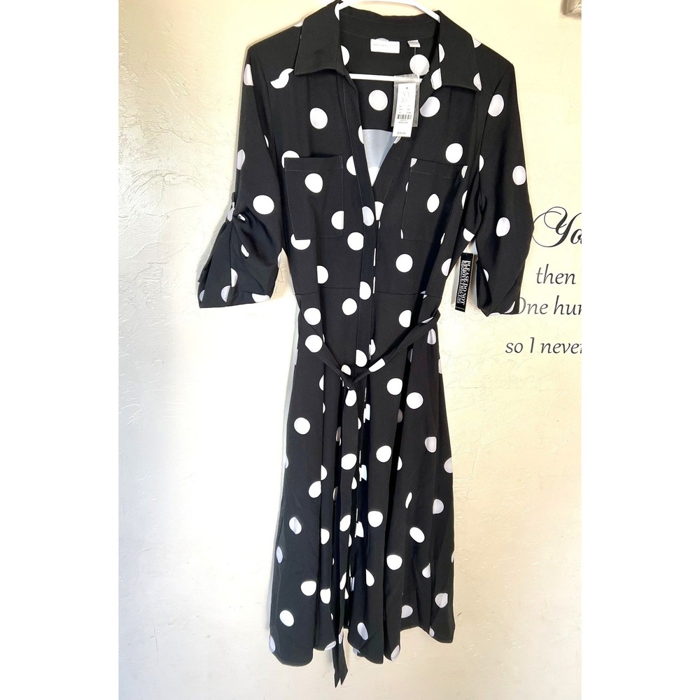 New York & Company Black White Polka Dot Shirt Office Dress M NWT Stretch Midi